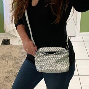 Neiman Marcus Woven PU Leather Silver Crossbody Bag
